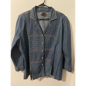 Vtg Monique Fashions Denim Tunic Blouse  Metal Beaded Pleated Button Down Sz 2XP